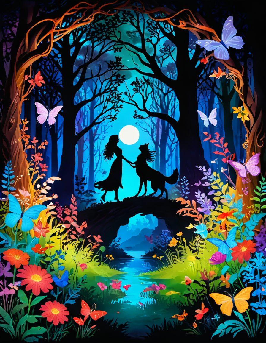 A whimsical scene featuring an enchanted forest filled with playful mythical creatures engaging in various intimate activities symbolizing kinks and fetishes, surrounded by vibrant flowers and soft, mystical light. In the foreground, a pair of intertwined silhouettes suggest deeper intimacy, while hints of magical elements like glowing orbs and delicate butterflies add a touch of fantasy. The overall atmosphere should evoke curiosity and allure. vibrant colors. painting. whimsical.