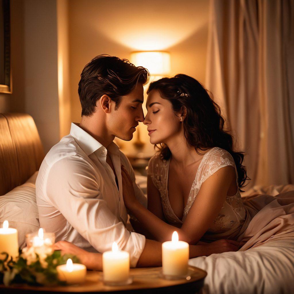 A couple intertwined, bathed in soft, warm light, exploring each other in an intimate setting filled with plush fabrics and subtle, sensual decor. Their faces are close, exuding trust and curiosity, surrounded by symbols of love and desire such as flowers and soft candlelight. The atmosphere is inviting and intimate, capturing the essence of sensual exploration together. soft focus. warm tones. romantic lighting.